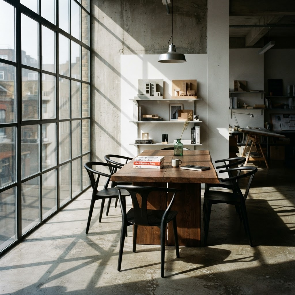 Contemporary studio interior with a solid wood dining table and sculptural chairs